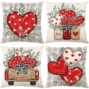 Set of 4 Valentine's Day pillow covers with red heart and vintage truck patterns