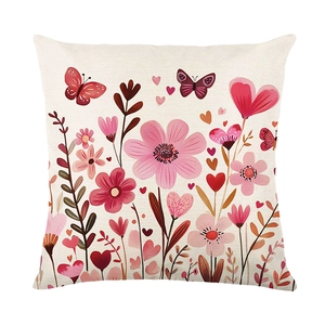 Floral Valentine's decorative pillow cover with pink flowers, hearts, and butterflies