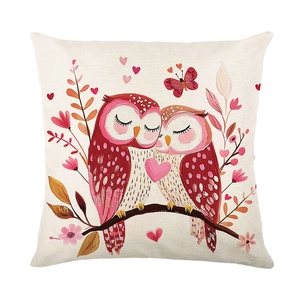 Valentine owl print cushion cover made of textured cotton linen for sofa decor