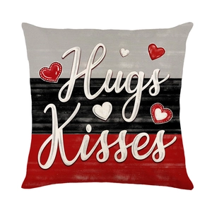 Funda de cojín de lino para San Valentín con estampado Hugs & Kisses y corazones