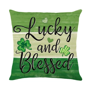 St. Patrick's Day green striped pillowcase featuring Lucky and Blessed shamrock design