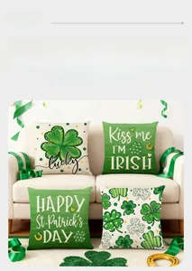 Detailed view of St. Patrick's Day pillow covers with clover designs on a sofa
