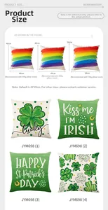 Size guide for St. Patrick's Day shamrock pillow covers showing dimensions and insert tips