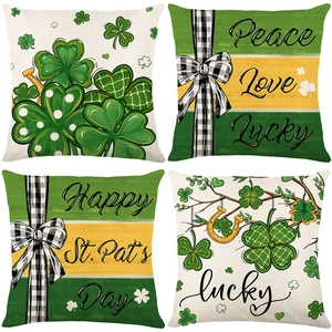St Patricks Day Decorative Pillowcase Shamrock Horseshoe Lucky Print Polyester Linen Cushion Cover For Sofa Living Room Home Decor