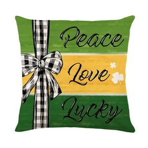 St. Patrick's Day throw pillow cover with Peace Love Lucky text and shamrock pattern