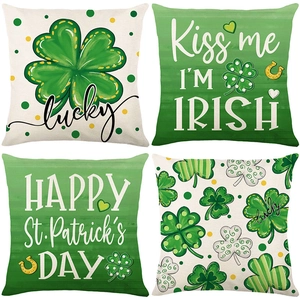 St Patricks Day Pillow Covers Shamrock Four Leaf Clover Lucky Horseshoe Print Irish Festive Home Decor Green Polyester