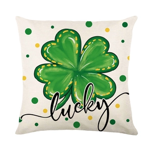 St. Patrick's Day shamrock pillow cover with green clover and Lucky script art