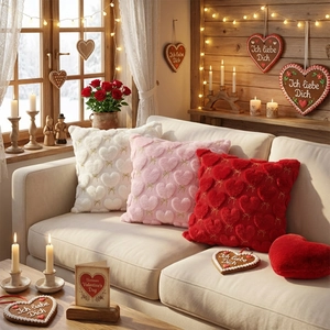 Faux rabbit fur heart embroidered pillow covers in red pink and white for Valentine decor