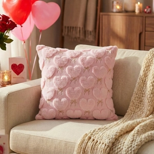Pink heart plush pillowcase with gold bow embroidery on a cozy sofa for Valentine's Day