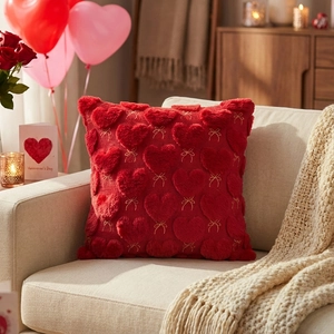 Macro detail of red faux fur pillow cover with embroidered golden bow and heart pattern