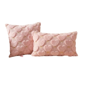 Pink faux rabbit fur heart tufted pillows with elegant gold bow embroidery set