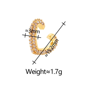 Detailed size map of gold C-shaped ear cuff with pave zircon stones measuring 15.2mm x 3mm