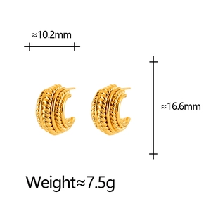 Golden C-shaped twist earrings with braided texture showing 10.2mm width and 16.6mm height