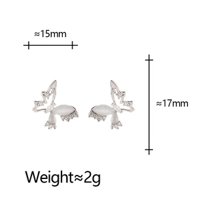 Detailed size chart of butterfly stud earrings with dimensions 15mm by 17mm and 2g weight