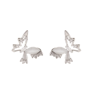 Elegant silver butterfly earrings with white cat-eye stones and micro-pave crystals