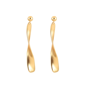 Minimalist gold-plated twisted long drop earrings with a matte textured finish