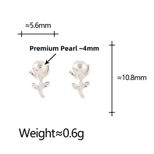 Detailed view of tulip pearl earrings with dimensions: pearl 4mm, height 10.8mm, width 5.6mm