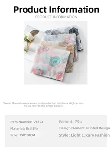Detail view of voile floral scarf with large rose prints and product size information