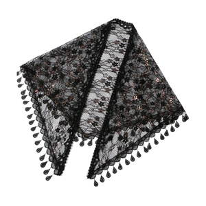 Elegant black lace shawl with bronze sequins and beaded drop tassels for evening wear