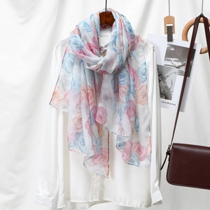 Floral print voile scarf for women with elegant rose patterns on lightweight fabric