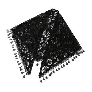 Elegant black lace bridal veil shawl with rose patterns and teardrop fringe tassels