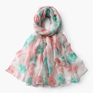 Lightweight voile scarf with pink floral rose print for women, elegant beach shawl