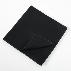 Close-up of black mercerized cotton square scarf with neatly stitched edge detailing