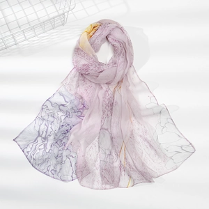 Light purple floral leopard print silk scarf with translucent texture for women
