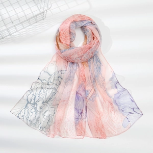Detail of floral chiffon scarf featuring soft pink, blue, and purple gradient patterns