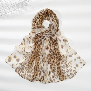 Close-up of leopard print chiffon scarf showing lightweight semi-transparent fabric texture