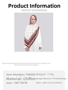 Detailed specs of printed chiffon hijab with red border patterns, size 180x70cm