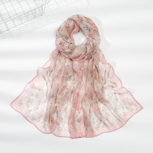 Elegant long pink leopard chiffon scarf shawl with light feather pattern for sun protection