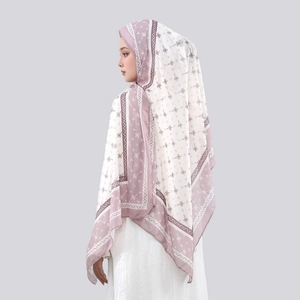 Elegant chiffon hijab with pink and white panels featuring butterfly and V patterns
