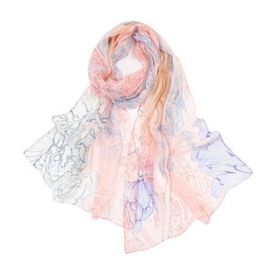 Floral chiffon long scarf with pink and blue artistic patterns for women's spring fashion