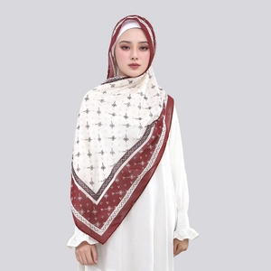 Elegant chiffon hijab scarf featuring burgundy and cream V-pattern print with floral border