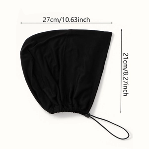 Bonnet turban noir avec cordon de serrage, dimensions 27cm x 21cm sur fond blanc pur