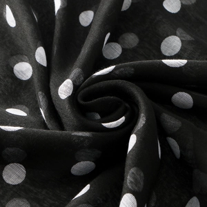 Detailed macro shot of black polka dot voile fabric showing sheer texture and weave