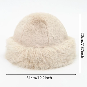 Detailed size specifications of the plush faux fur winter hat in light beige color