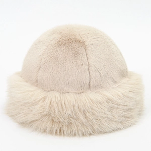 Thick beige faux fur Mongolian winter hat with soft plush finish for premium warmth