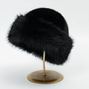 Winter fluffy faux fur Mongolian hat in black, warm and stylish plush outdoor headwear