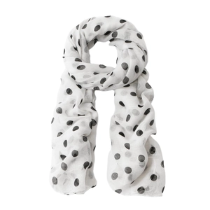 Polka dot voile long scarf for women with lightweight white fabric and black patterns