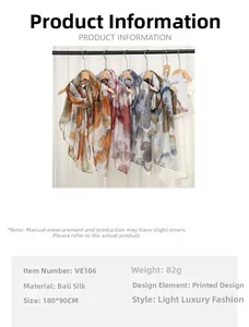 Macro detail of floral print voile scarf showing 180x90CM size and lightweight texture
