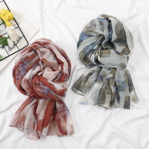 Floral print voile scarf for women in colorful abstract patterns and soft fabric