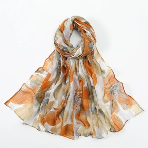 Lightweight floral voile scarf with bright orange abstract print and soft gray base