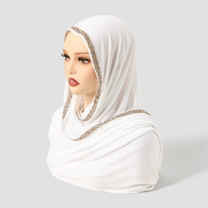 White headscarf with gold sequin trim and leaf rhinestone detail on soft stretch fabric