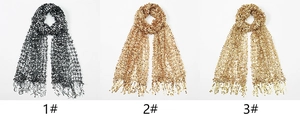 Three color variants of sequined fringe scarves showing black, bronze, and gold textures