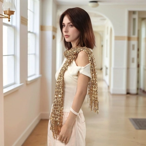 Sparkling gold sequin metal mesh scarf for evening parties and fashion events