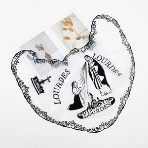 Lace Mantilla veil with Lourdes Virgin embroidery and elegant black floral scalloped borders
