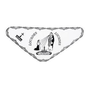 Lourdes Ave Maria white triangular prayer veil with black religious crest and lace trim