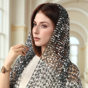 Elegant black lace mantilla shawl with silver sequins for evening parties and weddings